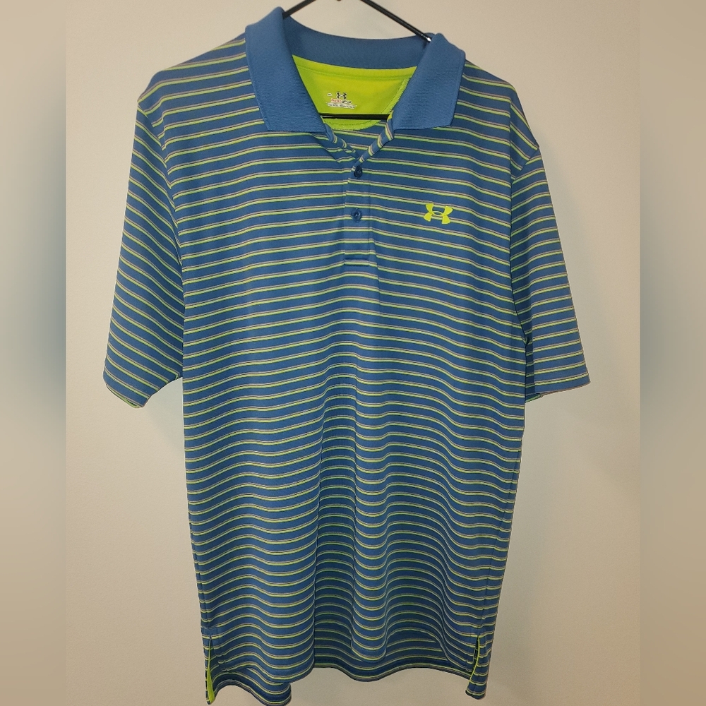 Under Armour Men's XL Heat Gear‎ Blue/Lime Green/Gray Striped Polo Shirt